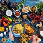 Fresh, colorful natural ingredients A clean sattvic thali (plate) with simple, nourishing foods representing Mitahara in a holistic and Ayurvedic meal plan