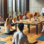 Employees stretching during a live virtual yoga break at work