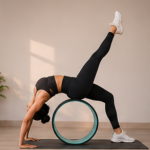 Woman performing yoga and strength training with dumbbells