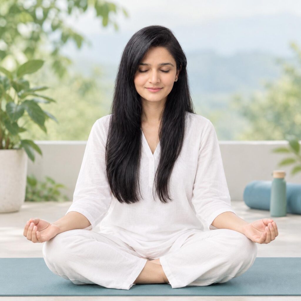 Vanchha Yoga wellness coach in white blazer offering holistic wellness guidance