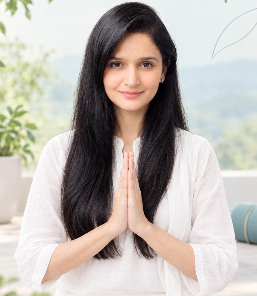 Vanchha Yoga woman practicing yoga in white activewear with namaste pose